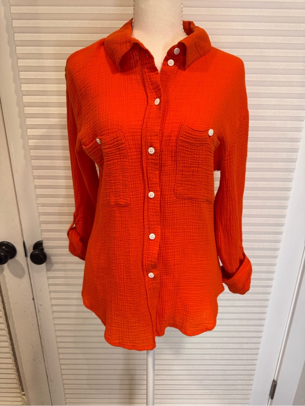 Sanctuary Bright Orange Boyfriend Button-Down 100% Cotton Gauze Shirt 0988